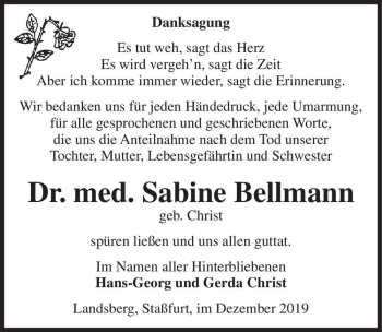 Traueranzeige von Dr. med. Sabine Bellmann (geb. Christ)  von Magdeburger Volksstimme