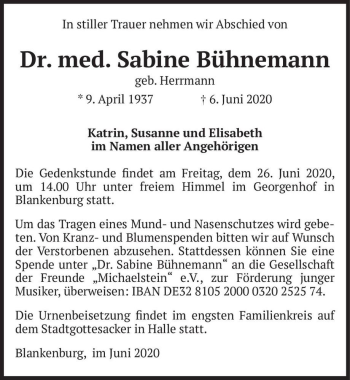 Traueranzeige von Dr. med. Sabine Bühnemann (geb. Herrmann)  von Magdeburger Volksstimme
