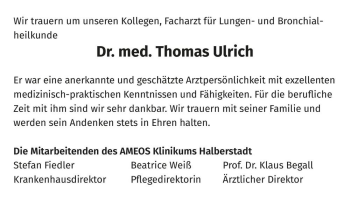 Traueranzeige von Dr. med. Thomas Ulrich  von Magdeburger Volksstimme