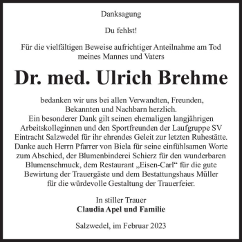 Traueranzeige von Dr. med. Ulrich Brehme  von Magdeburger Volksstimme