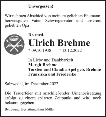 Traueranzeige von Dr. med. Ulrich Brehme  von Magdeburger Volksstimme
