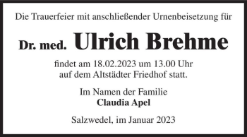Traueranzeige von Dr. med. Ulrich Brehme  von Magdeburger Volksstimme
