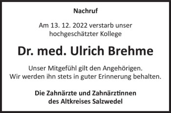 Traueranzeige von Dr. med. Ulrich Brehme  von Magdeburger Volksstimme