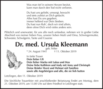 Traueranzeige von Dr. med. Ursula Kleemann (geb. Felter)  von Magdeburger Volksstimme