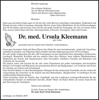 Traueranzeige von Dr. med. Ursula Kleemann (geb. Felter)  von Magdeburger Volksstimme