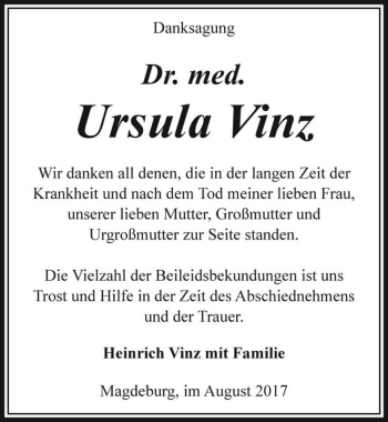 Traueranzeige von Dr. med. Ursula Vinz  von Magdeburger Volksstimme