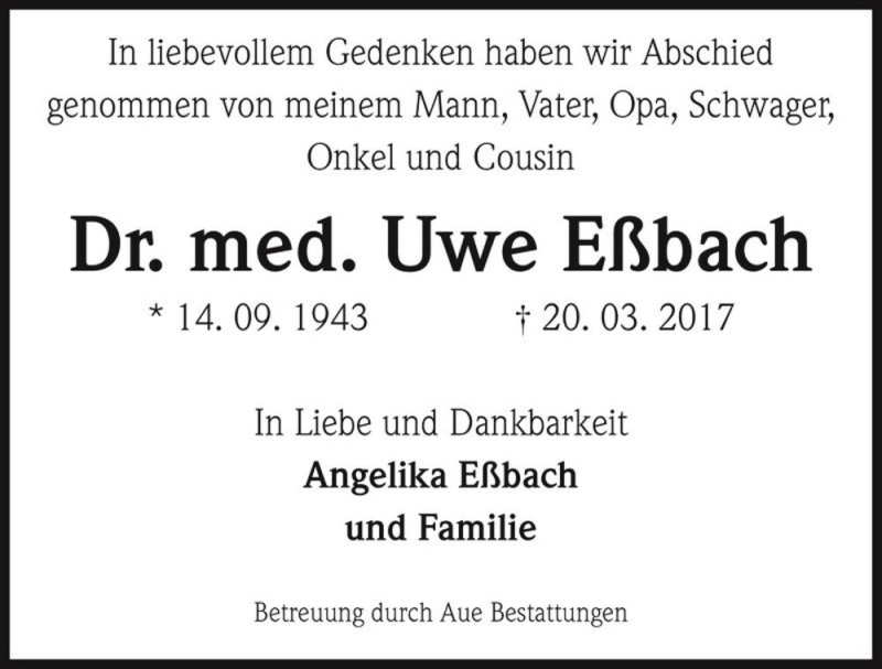  Traueranzeige für Dr. med. Uwe Eßbach  vom 22.04.2017 aus Magdeburger Volksstimme