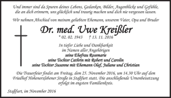 Traueranzeige von Dr. med. Uwe Kreißler  von Magdeburger Volksstimme