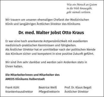 Traueranzeige von Dr. med. Walter Jobst Otto Kraus  von Magdeburger Volksstimme