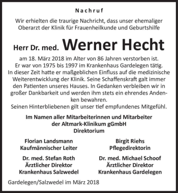 Traueranzeige von Dr. med. Werner Hecht  von Magdeburger Volksstimme
