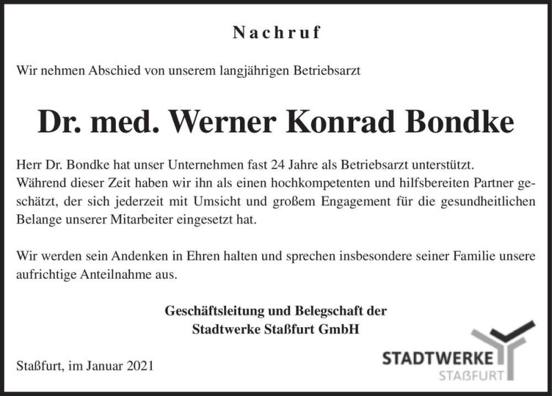  Traueranzeige für Dr. med. Werner Konrad Bondke  vom 23.01.2021 aus Magdeburger Volksstimme