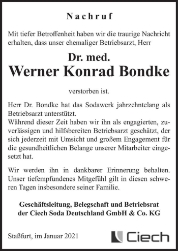 Traueranzeige von Dr. med. Werner Konrad Bondke  von Magdeburger Volksstimme