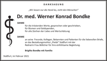 Traueranzeige von Dr. med. Werner Konrad Bondke  von Magdeburger Volksstimme