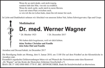 Traueranzeige von Dr. med. Werner Wagner  von Magdeburger Volksstimme