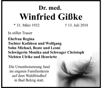 Traueranzeige von Dr. med. Winfried Gißke  von Magdeburger Volksstimme