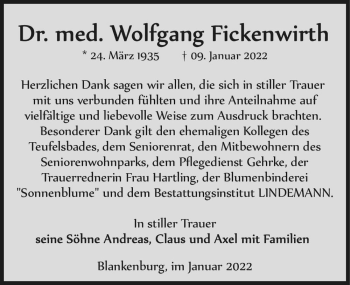 Traueranzeige von Dr. med. Wolfgang Fickenwirth  von Magdeburger Volksstimme