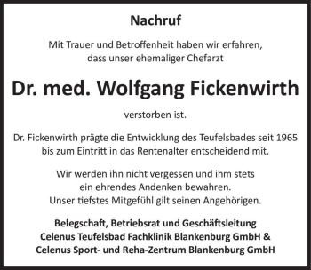 Traueranzeige von Dr. med. Wolfgang Fickenwirth  von Magdeburger Volksstimme