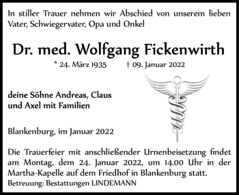 Traueranzeige von Dr. med. Wolfgang Fickenwirth  von Magdeburger Volksstimme