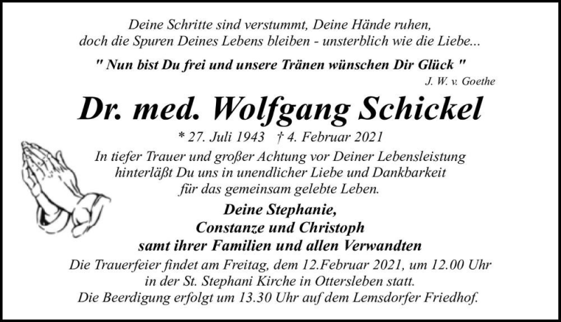  Traueranzeige für Dr. med. Wolfgang Schickel  vom 10.02.2021 aus Magdeburger Volksstimme