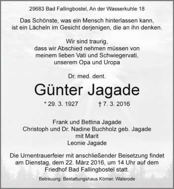 Traueranzeige von Dr. med. dent. Günter Jagade  von Magdeburger Volksstimme