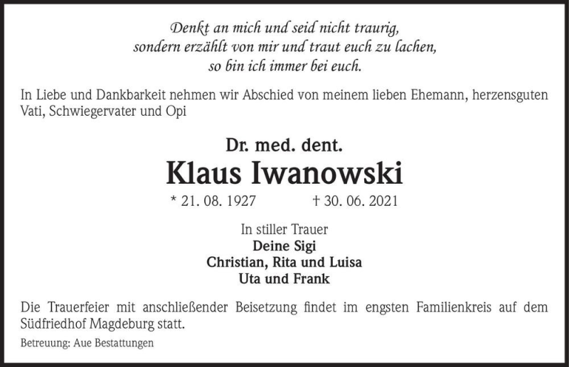  Traueranzeige für Dr. med. dent. Klaus Iwanowski  vom 17.07.2021 aus Magdeburger Volksstimme