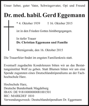 Traueranzeige von Dr. med. habil. Gerd Eggemann  von Magdeburger Volksstimme