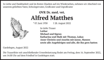 Traueranzeige von Dr. med. vet. Alfred Matthes  von Magdeburger Volksstimme