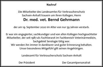 Traueranzeige von Dr. med. vet. Bernd Gehrmann  von Magdeburger Volksstimme