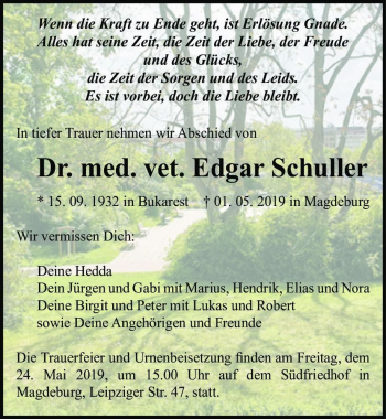 Traueranzeige von Dr. med. vet. Edgar Schuller  von Magdeburger Volksstimme
