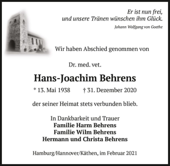 Traueranzeige von Dr. med. vet. Hans-Joachim Behrens  von Magdeburger Volksstimme