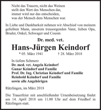 Traueranzeige von Dr. med. vet. Hans-Jürgen Keindorf  von Magdeburger Volksstimme