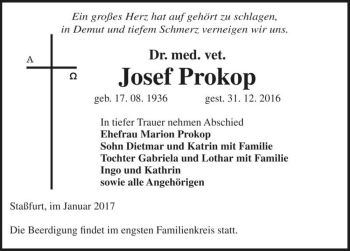 Traueranzeige von Dr. med. vet. Josef Prokop  von Magdeburger Volksstimme