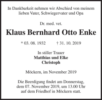 Traueranzeige von Dr. med. vet. Klaus Bernhard Otto Enke  von Magdeburger Volksstimme