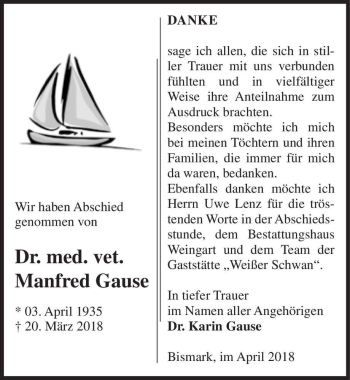 Traueranzeige von Dr. med. vet. Manfred Gause  von Magdeburger Volksstimme