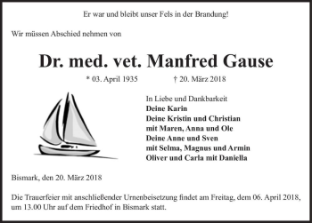 Traueranzeige von Dr. med. vet. Manfred Gause  von Magdeburger Volksstimme