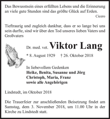 Traueranzeige von Dr. med. vet. Viktor Lang  von Magdeburger Volksstimme