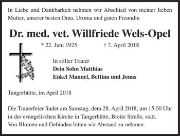 Traueranzeige von Dr. med. vet. Willfriede Wels-Opel  von Magdeburger Volksstimme