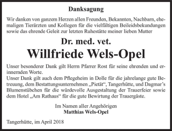 Traueranzeige von Dr. med. vet. Willfriede Wels-Opel  von Magdeburger Volksstimme