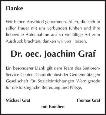 Traueranzeige von Dr. oec. Joachim Graf  von Magdeburger Volksstimme