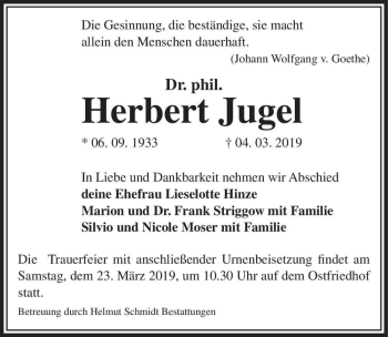 Traueranzeige von Dr. phil. Herbert Jugel  von Magdeburger Volksstimme