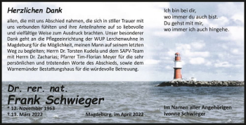 Traueranzeige von Dr. rer. nat. Frank Schwieger  von Magdeburger Volksstimme