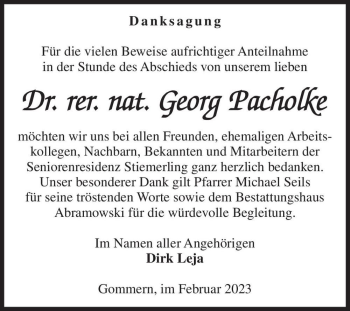 Traueranzeige von Dr. rer. nat. Georg Pacholke  von Magdeburger Volksstimme