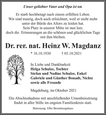 Traueranzeige von Dr. rer. nat. Heinz Werner Magdanz  von Magdeburger Volksstimme