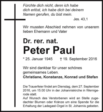 Traueranzeige von Dr. rer. nat. Peter Paul  von Magdeburger Volksstimme
