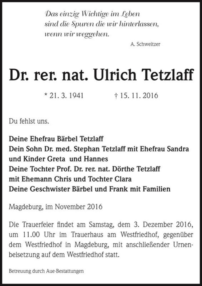  Traueranzeige für Dr. rer. nat. Ulrich Tetzlaff  vom 26.11.2016 aus Magdeburger Volksstimme