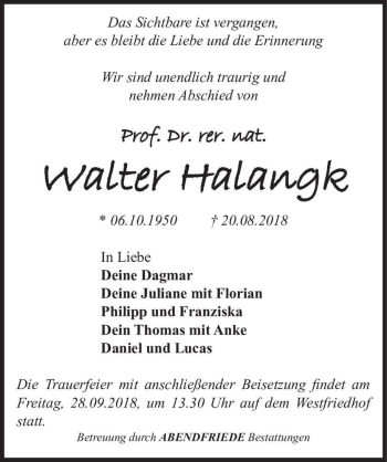 Traueranzeige von Dr. rer. nat. Walter Halangk  von Magdeburger Volksstimme