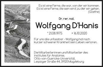 Traueranzeige von Dr. rer. nat. Wolfgang D'Hanis  von Magdeburger Volksstimme