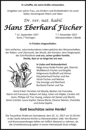 Traueranzeige von Dr. rer. nat. habil. Hans Eberhard Fischer  von Magdeburger Volksstimme