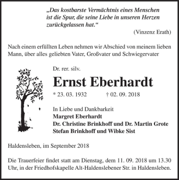 Traueranzeige von Dr. rer. silv. Ernst Eberhardt  von Magdeburger Volksstimme