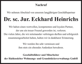 Traueranzeige von Dr. sc. Jur. Eckhard Heinrichs  von Magdeburger Volksstimme